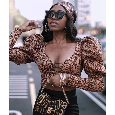 

Drop shipping Leopard print long sleeve split thickened V-neck slim pullover sexy women's top T-shirt