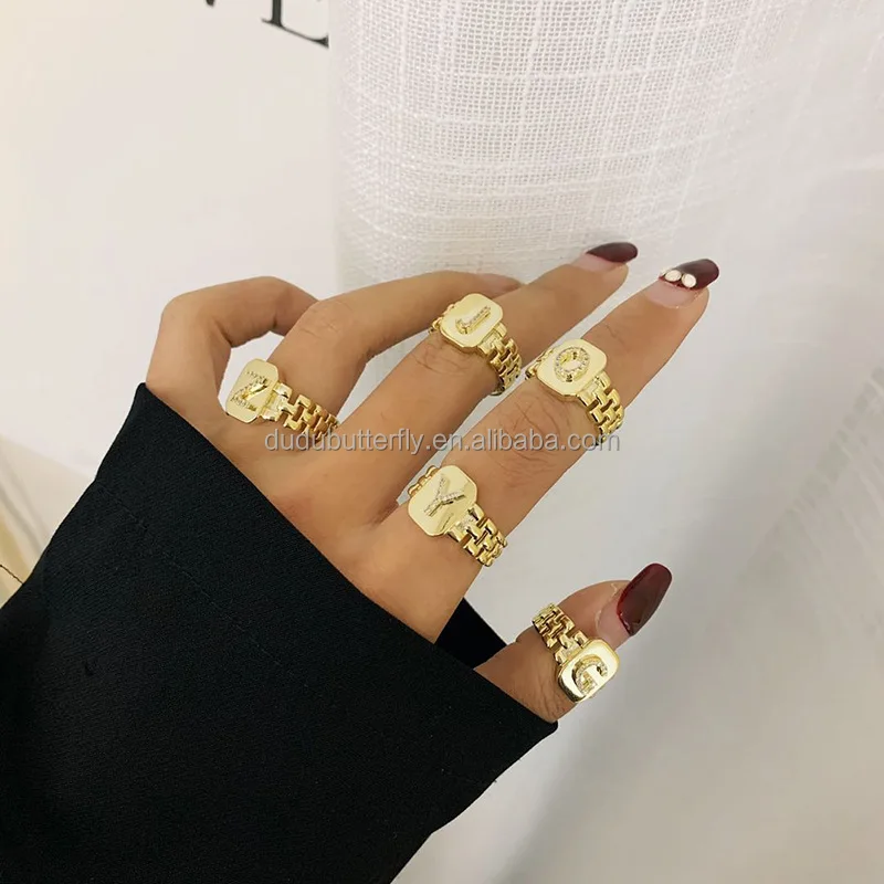 

2021 Trendy Adjustable 18k Gold Plated Diamond A-Z Letter Ring Watchband Square Gold Initial Rings For Men and Women