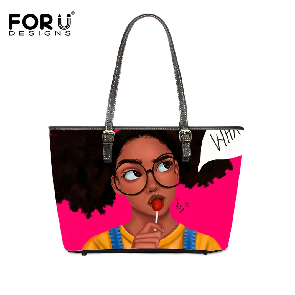 

One Piece Custom Black Art American African Girls Pattern 3D Print Women Handbags Digital Printing Pu Material Ladies Tote Bag, Customizable