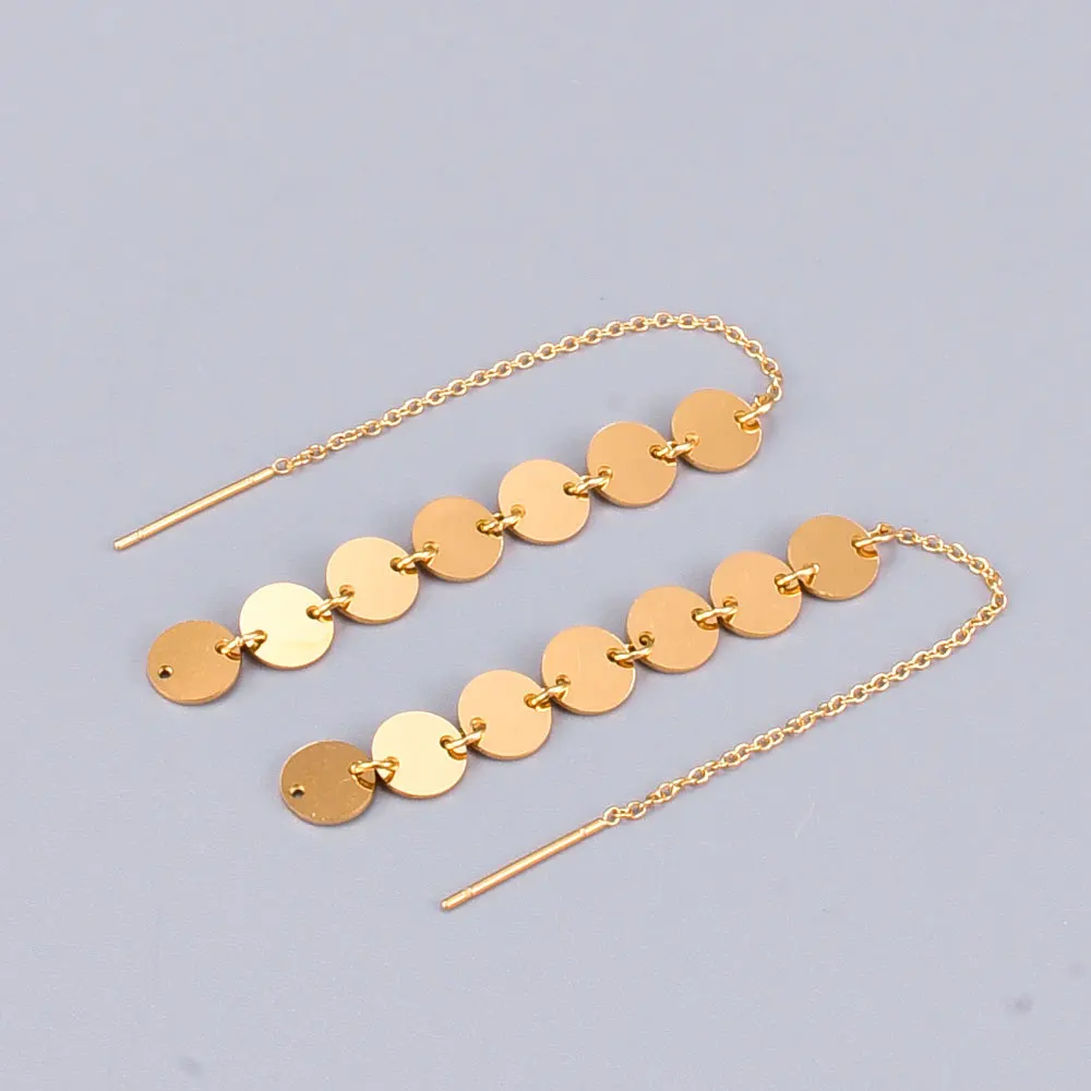 

High Polished Round Disc Chain Ear Line Threader Dangle Earrings Stainless Steel Gold Disc Threader Chain Earrings For Women