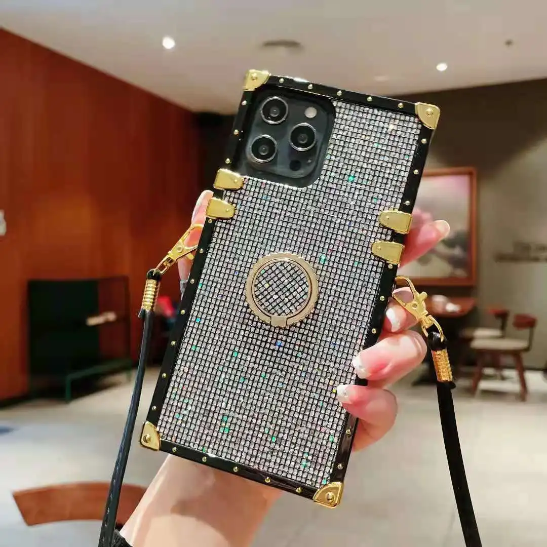 

2021 new six-color flash drill with rope bracket mobile phone case for iPhone12promax square anti-fall protective cover, 6 colors