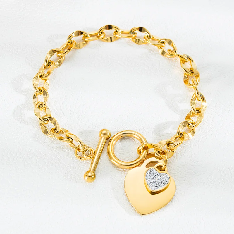 

18K Gold Plated Stainless Steel Jewelry Cubic Zirconia Heart Charm Bracelet Women, Silver, gold, rose gold