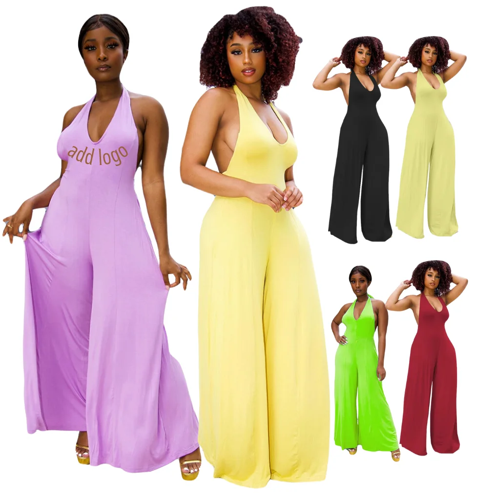 

2022 New Arrivals Summer Women Casual Solid Color Sleeveless Harem Jumpsuit Loose Plus Size Wide Leg Halter Jumpsuits Women, Picture color