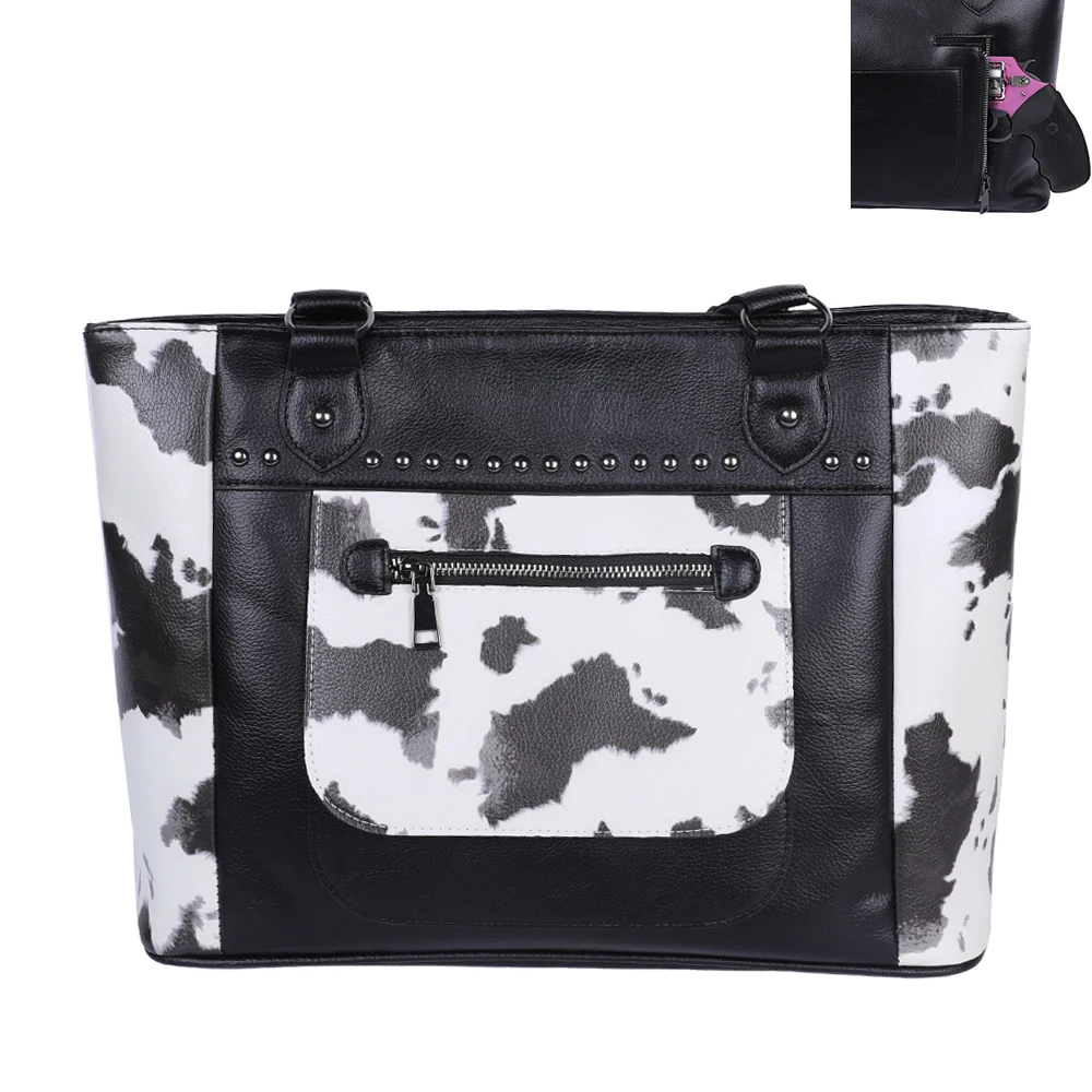 

Wholesale Women Black Cow Concealed Carry Tote Purse Protective Lady Concealed Handgun Tote bag With Rivet Decoration for Girls, Sunflower,leopard,cowhide etc.or as request.