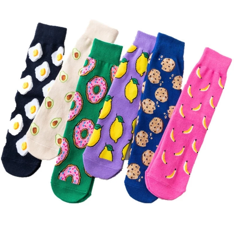 

Socks cute cartoon fruit banana avocado lemon egg biscuit donut food Happy Harajuku skateboard socks, The picture color