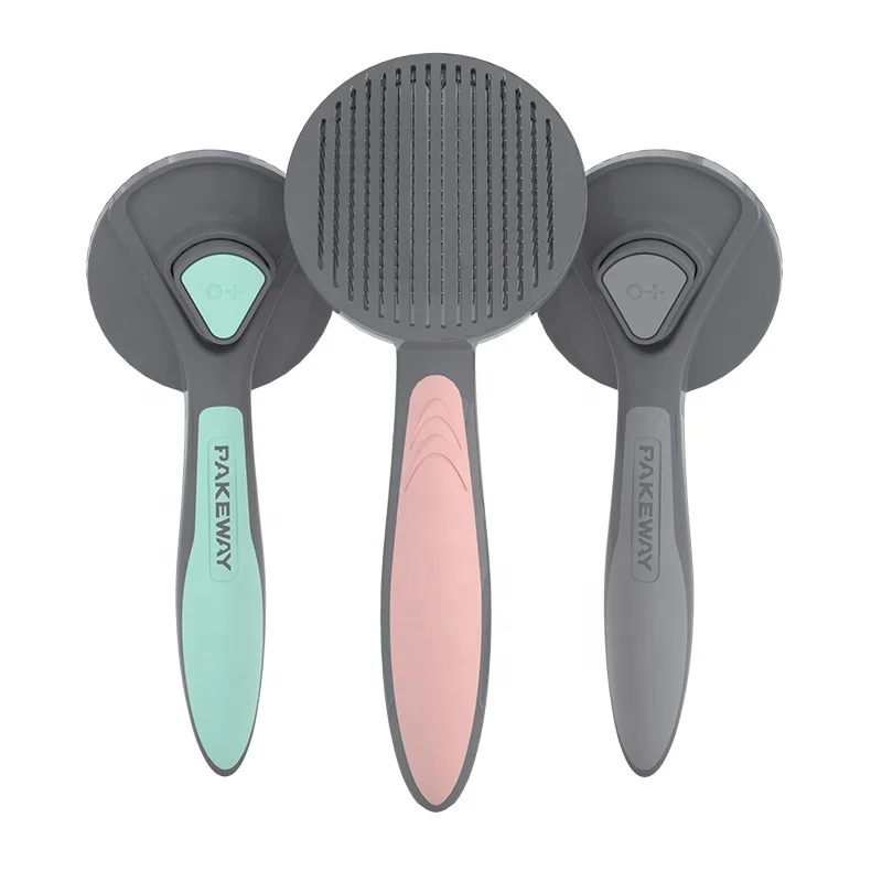 

2021 High quality pet grooming metal brush one button self cleaning off pet comb, Gray, pink, green or custom color