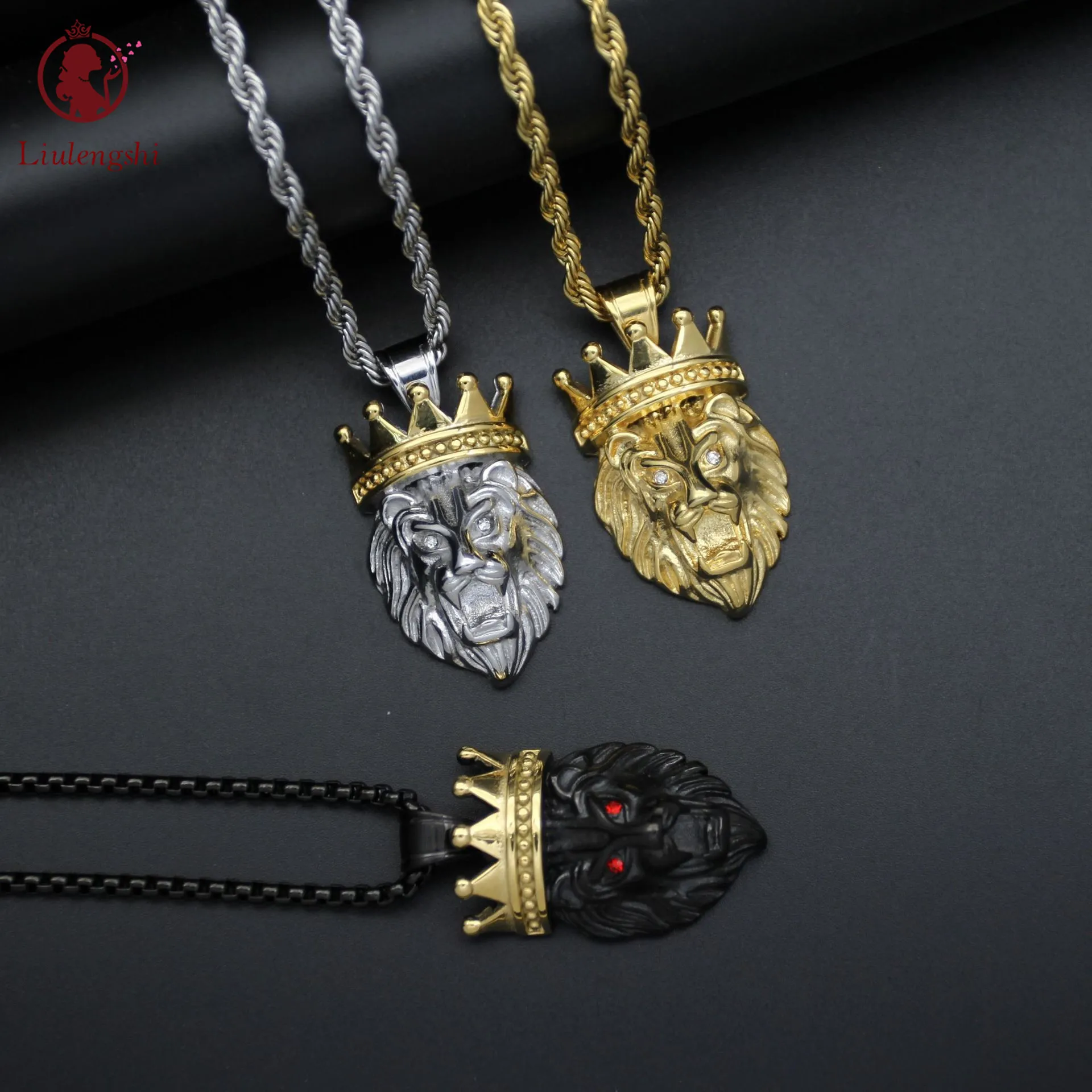 

European Hot Selling Lion Head Pendant Necklace Stainless Steel White Diamond Eye Lion Head Pendant Necklace