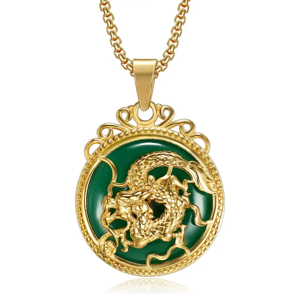 

Olivia in stock chinese lucky dragon necklace jewelry stainless steel gold fashion green jade dragon necklaces for women