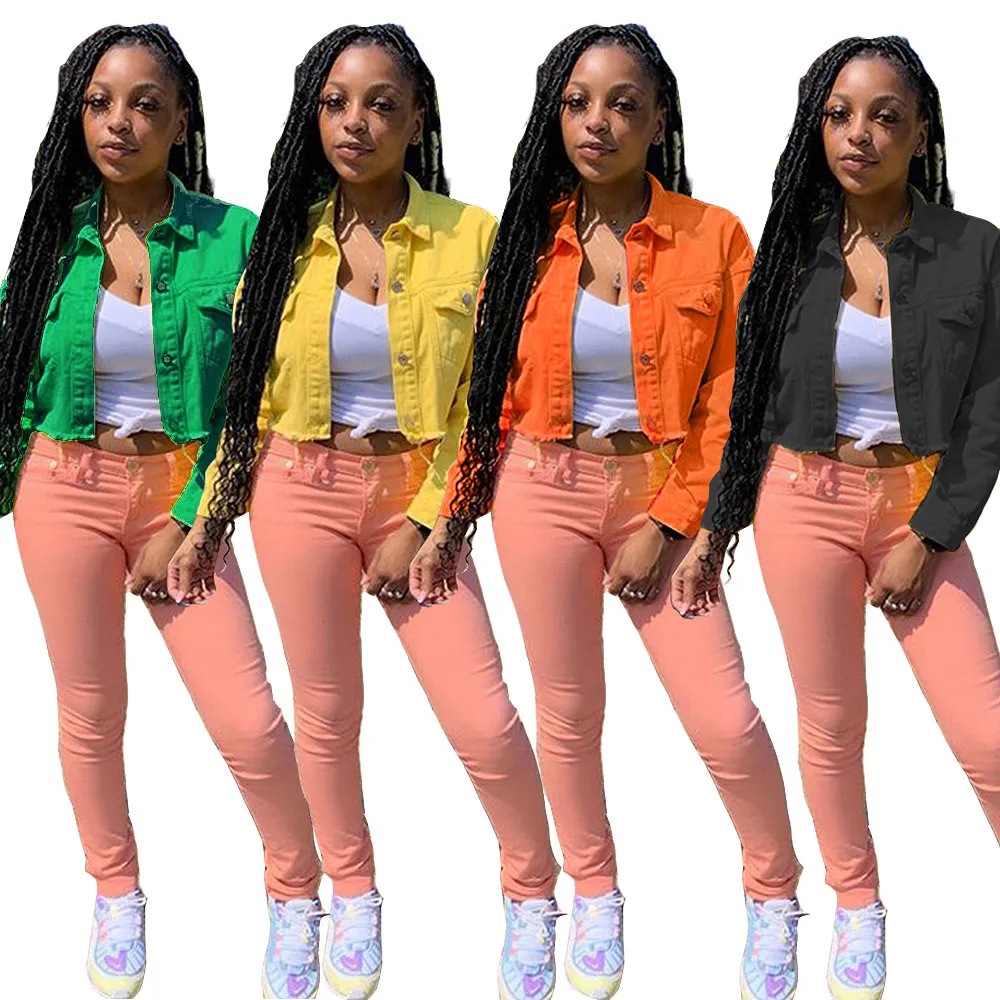 

Women Solid Jacket Streetwear Long Sleeve Denim Jeans Button Bomber Jacket