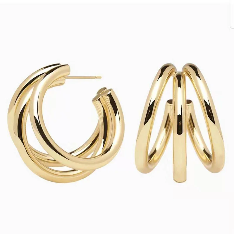 

Wholesale Custom 2.8cm PVD 18K Gold Vermeil Plated Stainless Steel Three Line Tube Triple Hoop Gold Stud Earrings