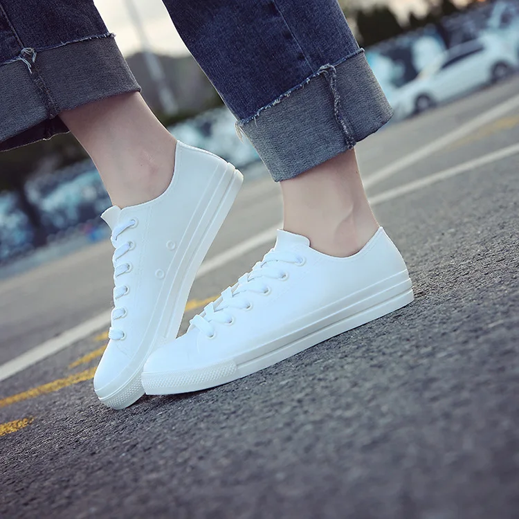 

Female white shoes New women's rain boots spring and summer lace-up Flat rain shoes waterproof low-tube Non-slip rain boot, Picture color