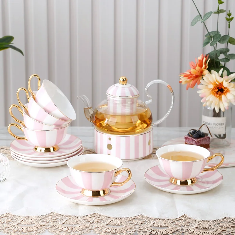 

Modern Pink Stripe Ceramic Cup And Saucer Heat Resistant Glass Teapot Set