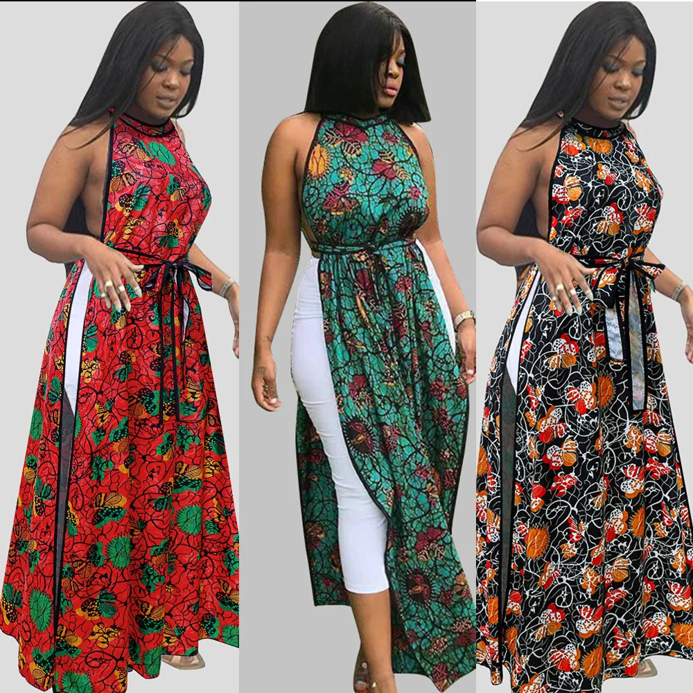 

Good Price Wholesale Women'S Sexy High Split Halter Sleeveless Floral Printed African Style Dress Dresses For Women Long, Red,blue,black african styles dress