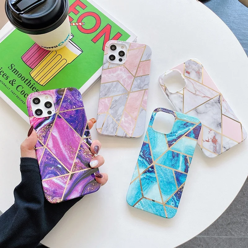 

Luxury Geometric Printing IMD Marble Soft TPU Mobile Phone Case for iPhone 12 13 14 Gold Back Cover