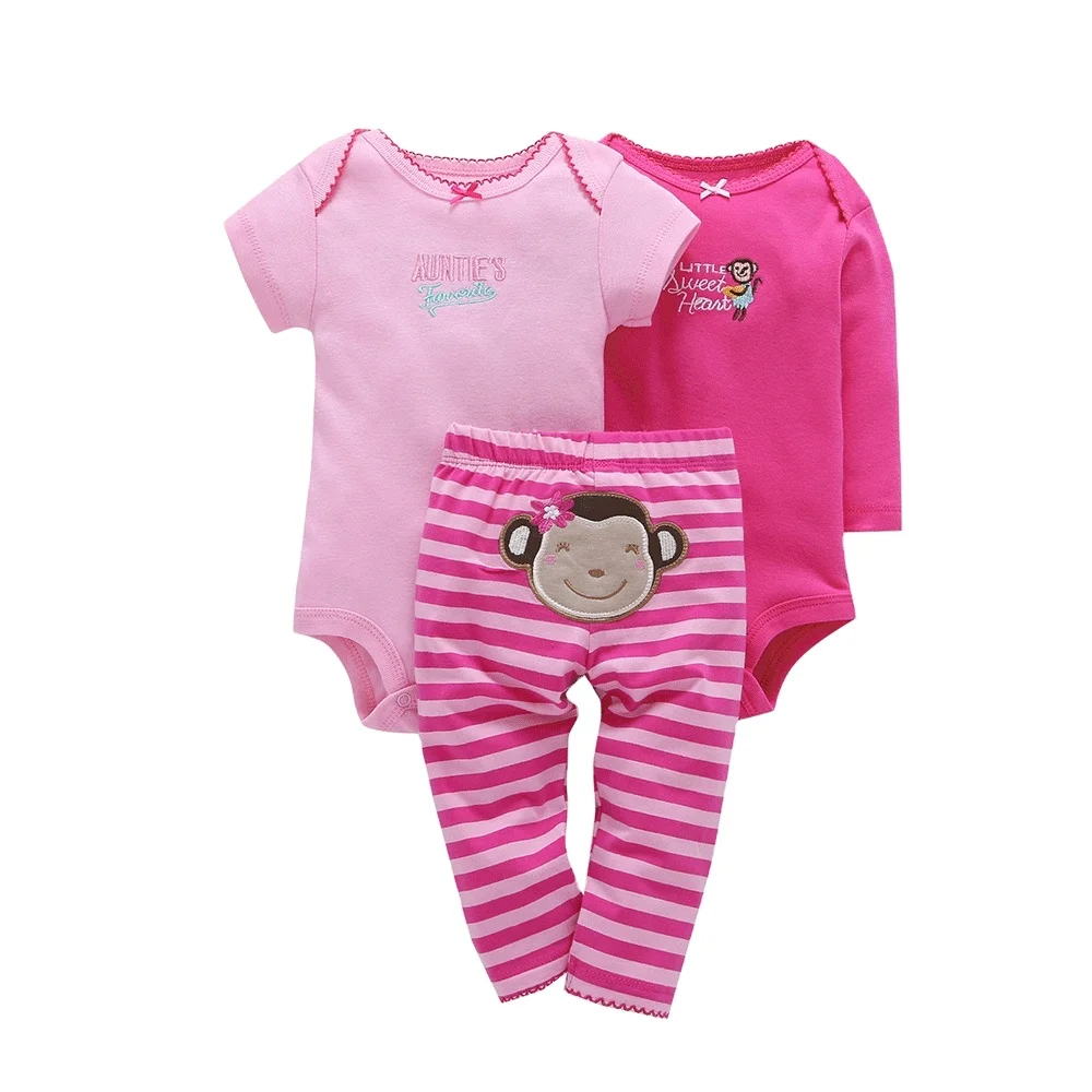

Hot Sale Light Pink Cartoon Monkey Cotton Knitted 3pcs Baby Girl Daily Wear Matching Newborn Clothes Set
