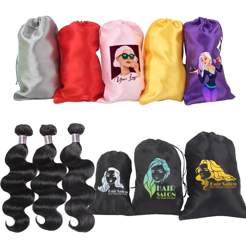 

Private label custom logo luxury personalized drawstring pouch wig hair extension packaging satin bag