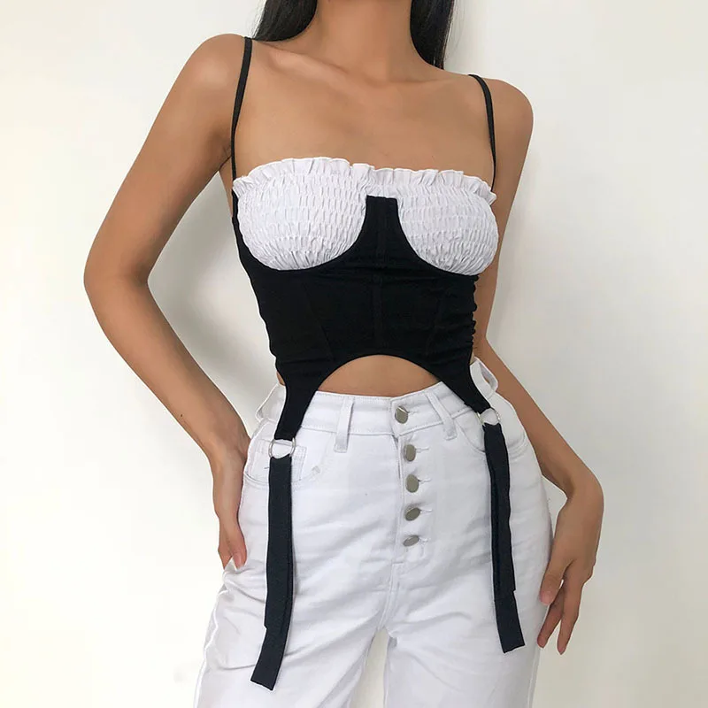 

Womens Tank Top Fashion 2021 Summer New Slim Low-Cut Ruffle Backless Patchwork Women Sexy Casual Tank Top Vest Blouse Sleeveless