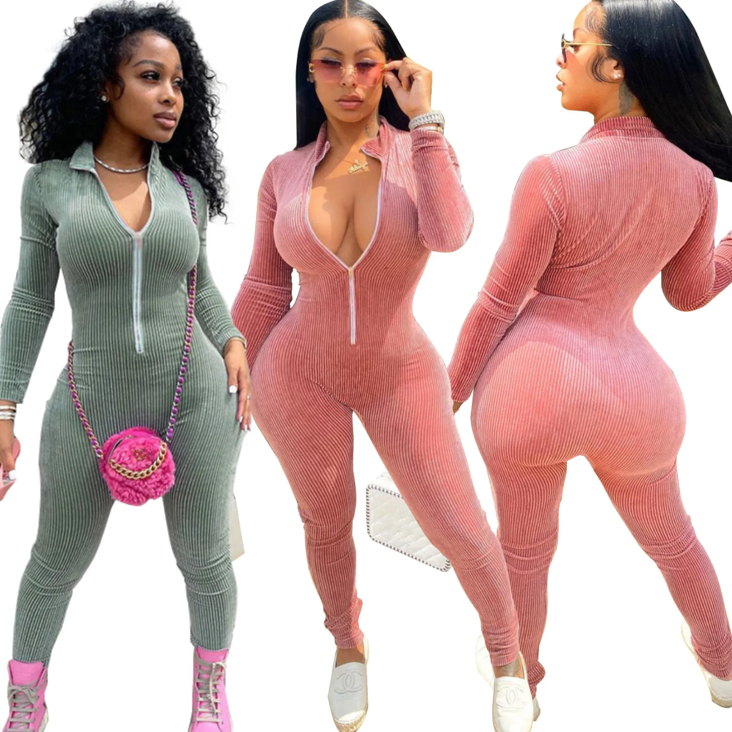 

Fast Shipping R08291 - Fashion Fit Solid Zipper Knit Long Sleeve Ladies Jumpsuit
