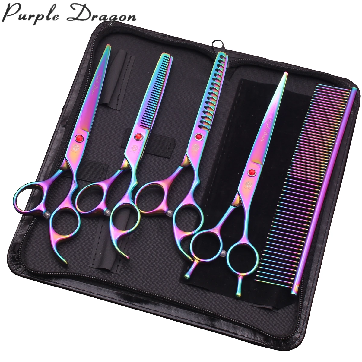 

New Dog Grooming Scissors Kit 7" Purple Dragon Japan Stainless Pet Chunker Thinning Shears Animal Curved Scissors Z3012, Red handle