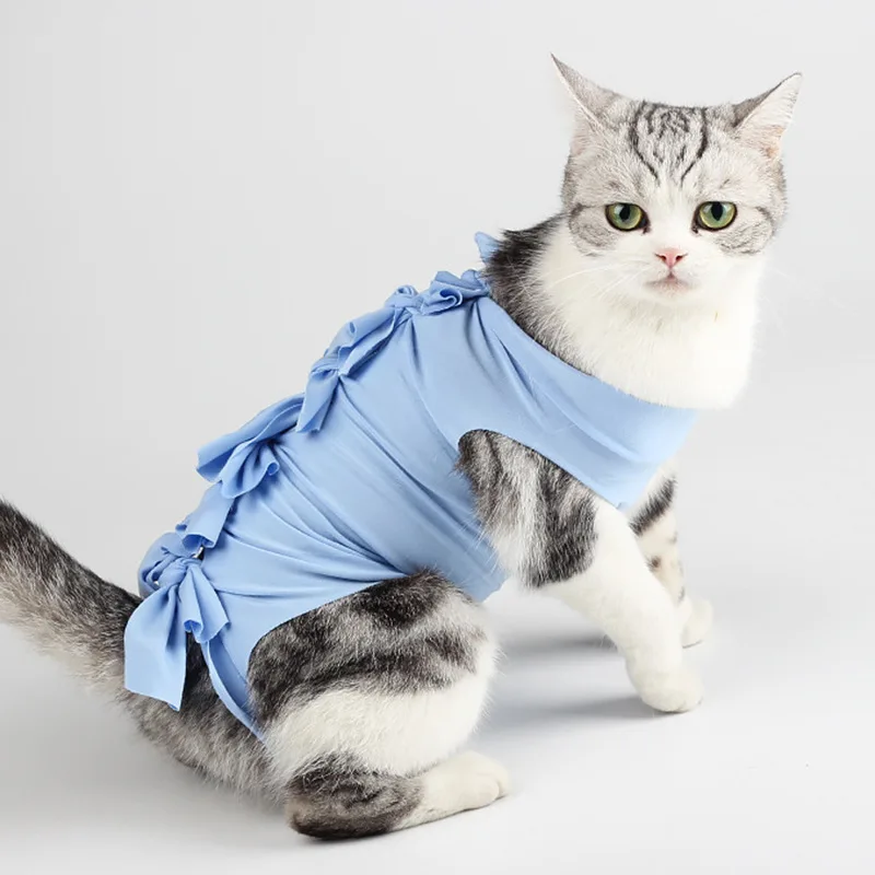 

Popular Comfortable Material Cat Surgery Recovery Suits for Sterilization Ablactation Polka Modal Full Body Bandage, Blue,pink