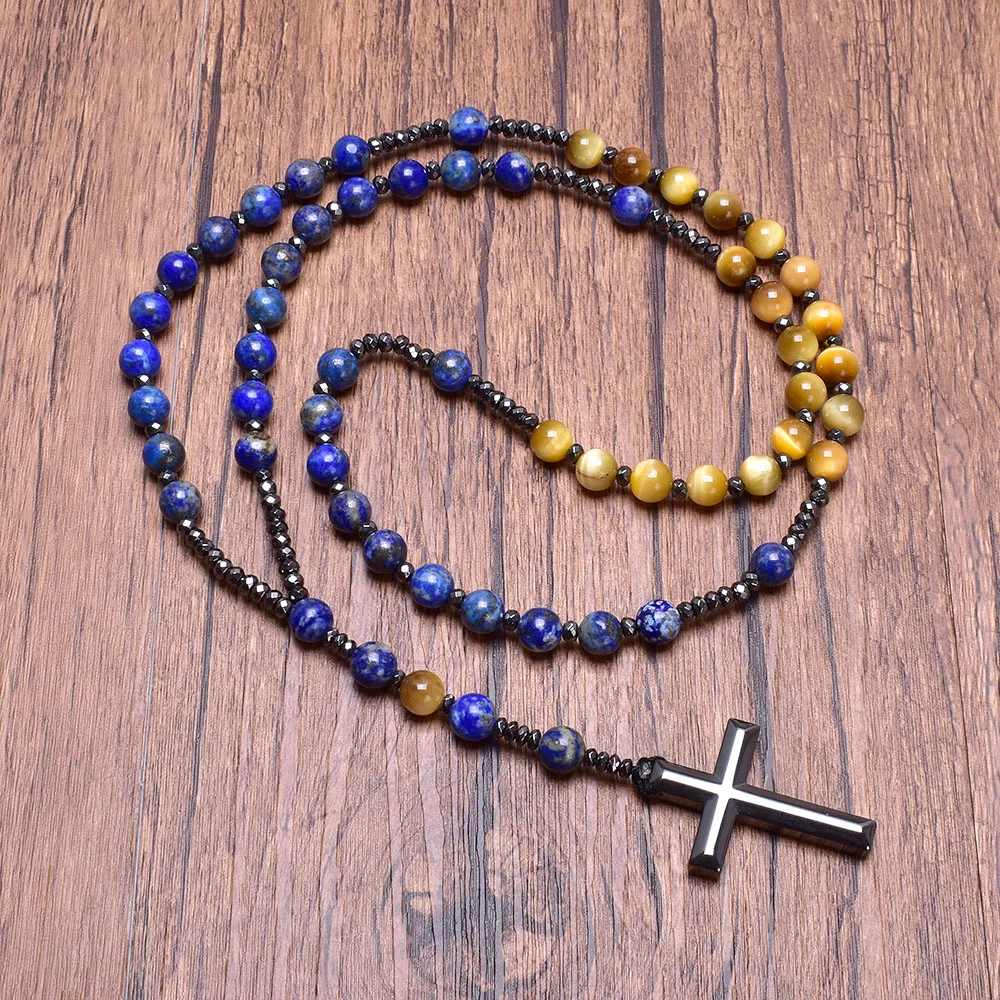 Natural Lapis Lazuli with Tiger Eye Stone Rosary Cross Necklace Hematite Cross Pendant Necklace Catholic Gift Christian Jewelry
