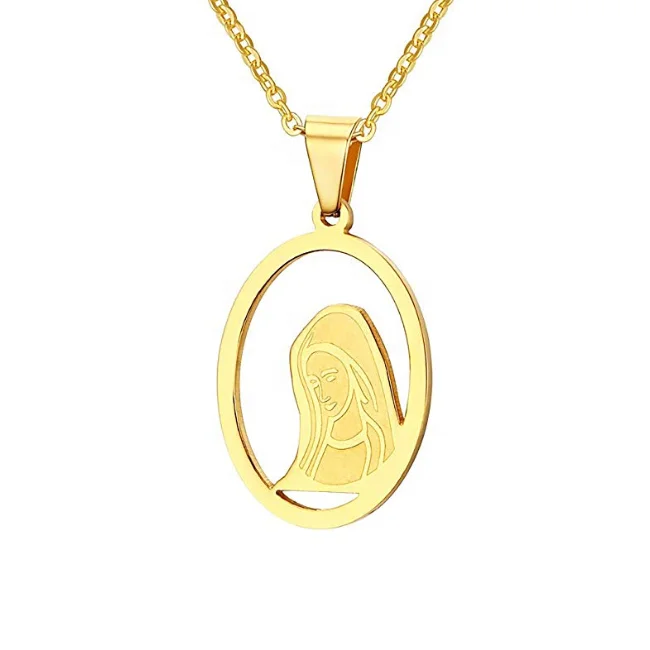 

Gold Plated Stainless Steel Blessed Virgin Mary Maria Oval Round Rectangle Medal Pendant Necklace