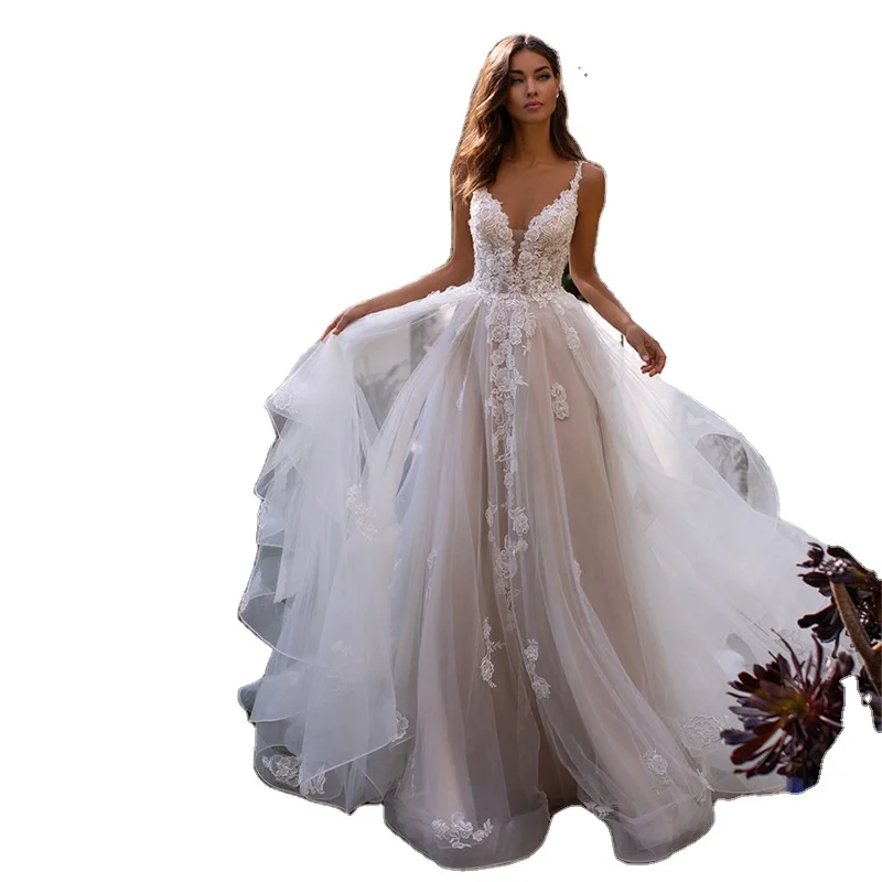

Grace A Line Appliques Lace Long Tail Wedding Dress Backless Spaghetti Strap Bridal Gowns Princess Modest Wedding Dress