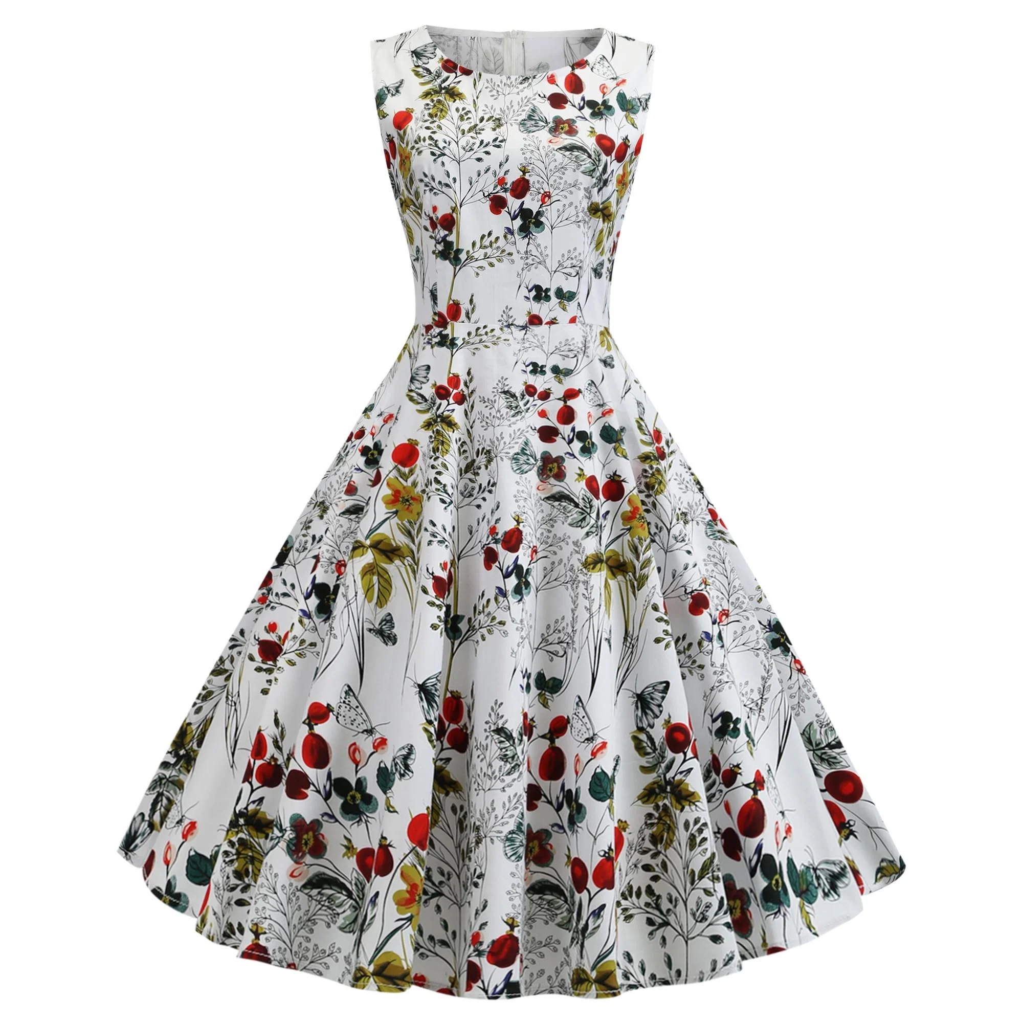 

OSGL-201901 Women's Crew Neck Sleeveless Floral Print 1950s Vintage Dress