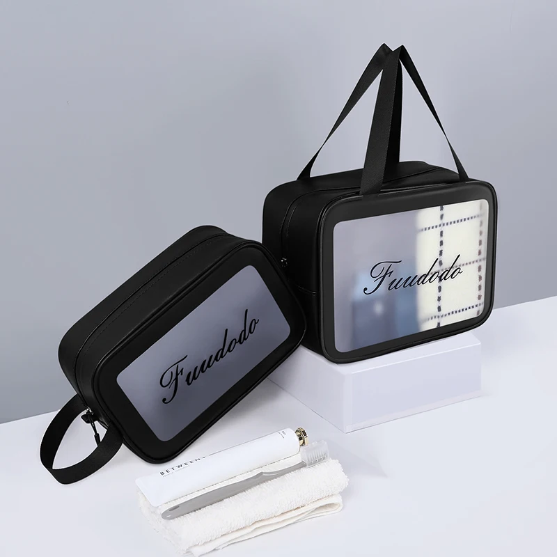 

Custom Newest Waterproof White Black PU PVC Zipper make up Toiletry Hand Tote Cosmetic Makeup Bag with Frosted Window for Men