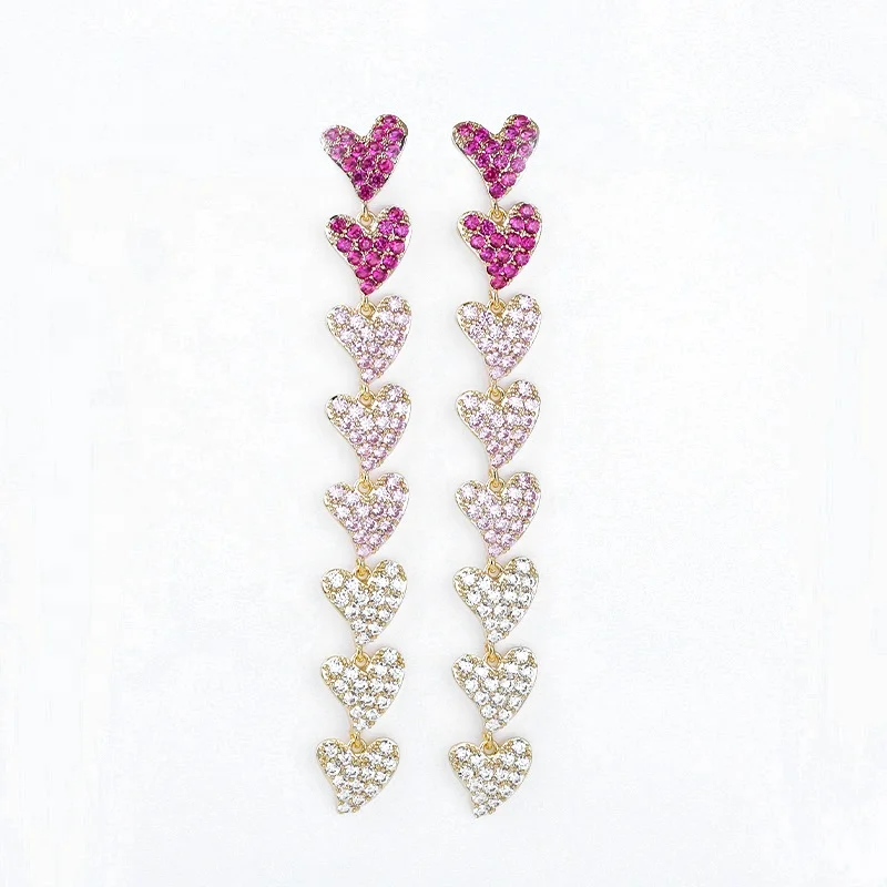 

90mm Long Heart Chains Earrings Full Micro Paved Multicolor AAA Cubic Zircon for Women