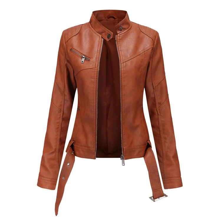 

New European Women Jacket Short Belt Leather Coat Large Size Slim Leather Jacket Stand Collar Thin Women Fashion, Red, khaki, green, black, pink,yellow, white, blue, gray, skin, coffee