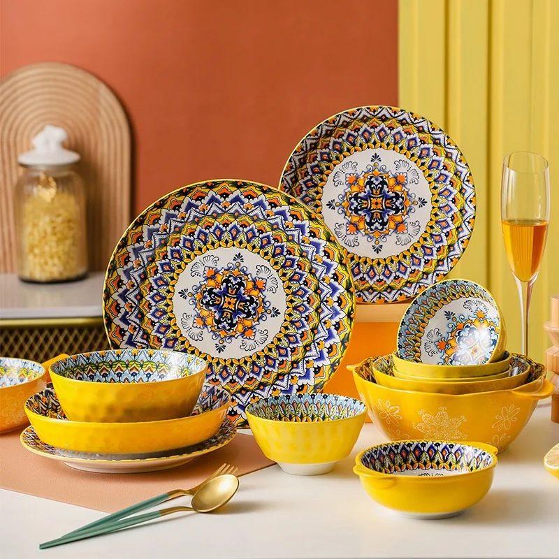 

Yellow Ceramic Moroccan Dinner Set Porcelain Salad Bowls Dinner Plates Cookware Gift Set Kitchen Accessories