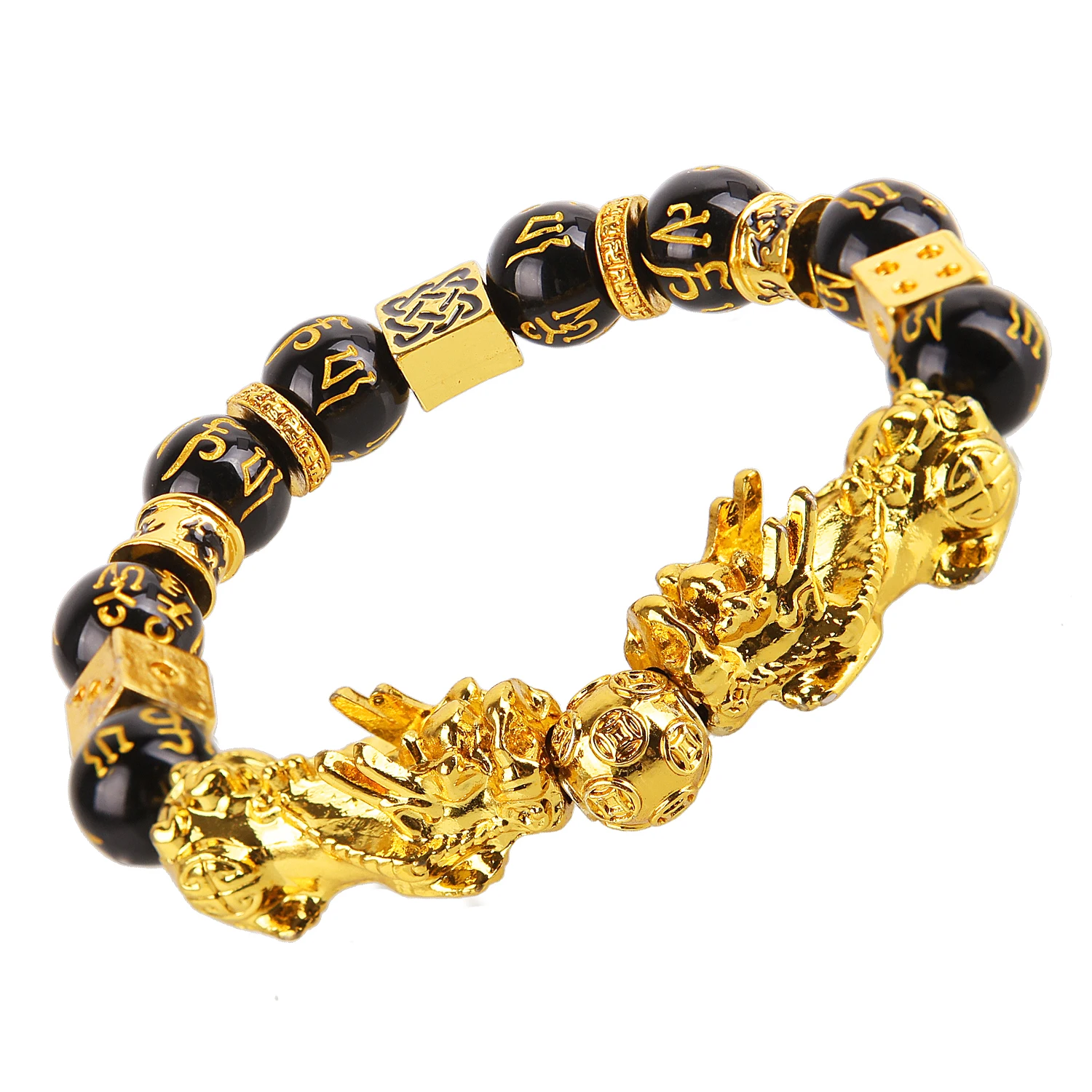 

Wholesale Obsidian Stone Beads Bracelet Men Women Unisex Wristband Gold Black Pixiu Wealth and Good Luck Brave chain, As shown