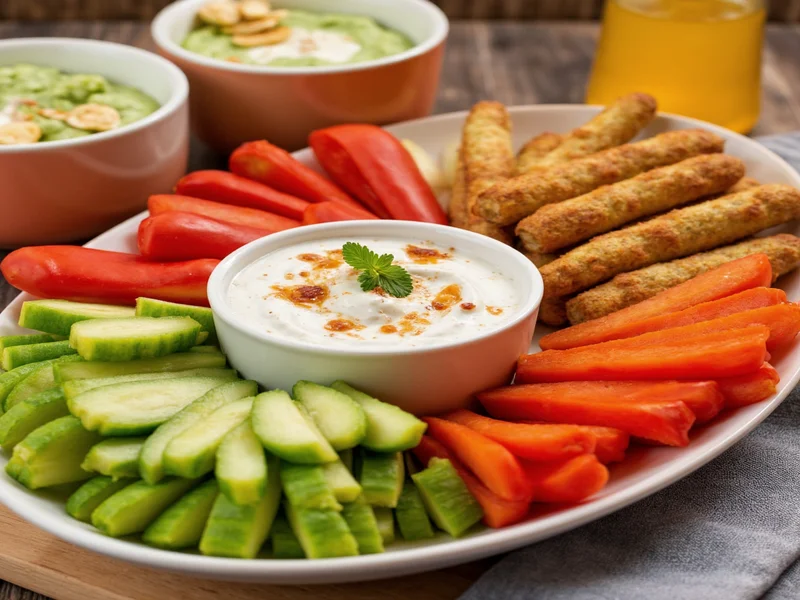 Artistically presented homemade dips with fresh vegetable dippers