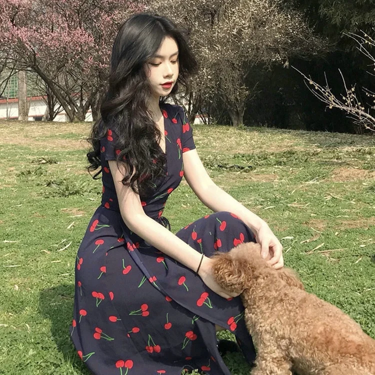 

2021 Vintage Sexy V-neck Cherry Print Summer Fashion Short Sleeve Long Maxi Casual Dress