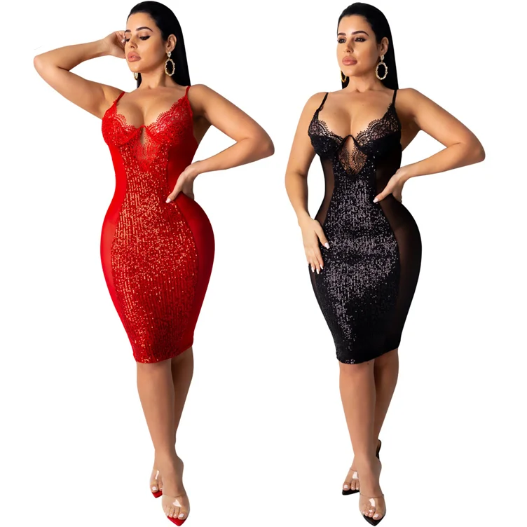 

*GC-T110 2022 wholesale sexy suspender club party bodycon dresses sequin lace mesh splicing Sequin Midi Ladies Sexy Dress