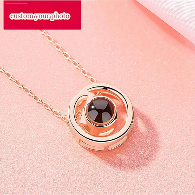 

Personalized Photo Text Memory of Love Necklace 100 Different Languages I Love You Projection on Round Onyx Pendant Necklace