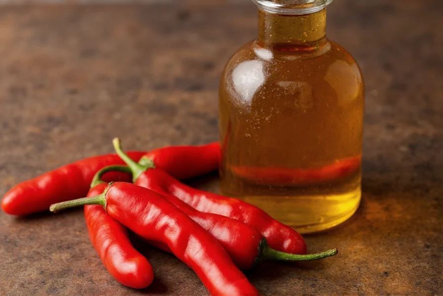 Close-up of authentic Calabrian chili oil in glass bottle with fresh Calabrian peppers and olive oil