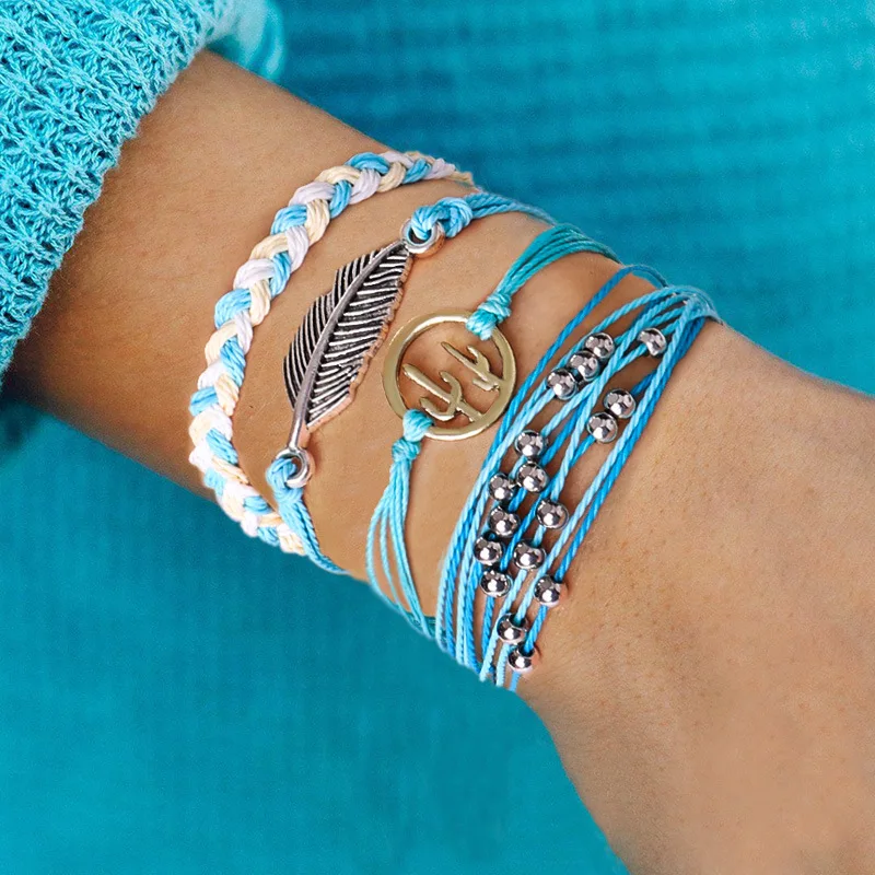 

New Boho set Blue Leaf Cactus bracelet Set braided braid bracelet