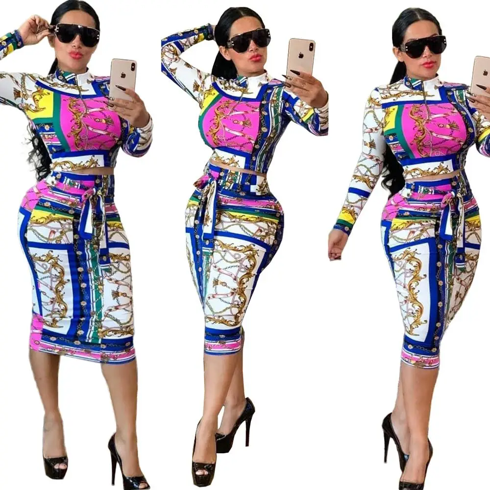 

2019Hot Sale long sleeve Printed two piece set Women plus size casual dress, White