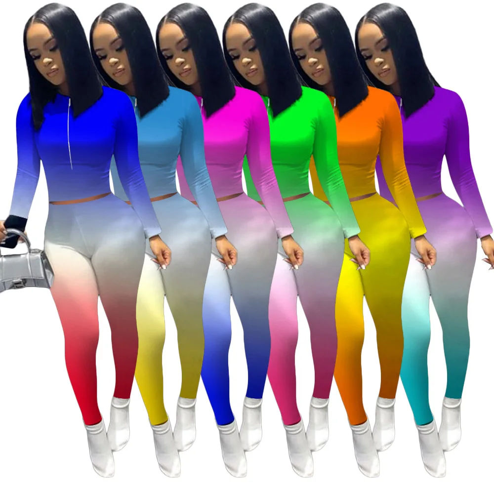 

Spring Fashion Positioning Gradient Color Chest Zipper Two-Piece Casual Women'S Suit, 5 colors