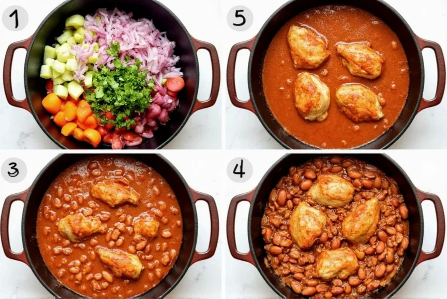Step-by-step preparation of easy chicken chili recipe in a cast iron pot with chicken, beans, and vegetables