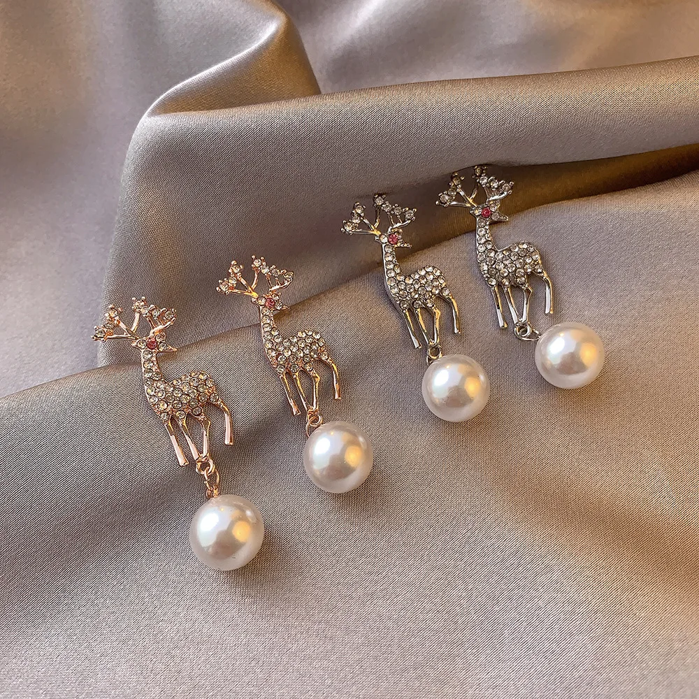 

Christmas Gift New Style Diamonds Elk Jewelry Earrings Inlaid with Pearl Deer Cute Animal Stud Earrings