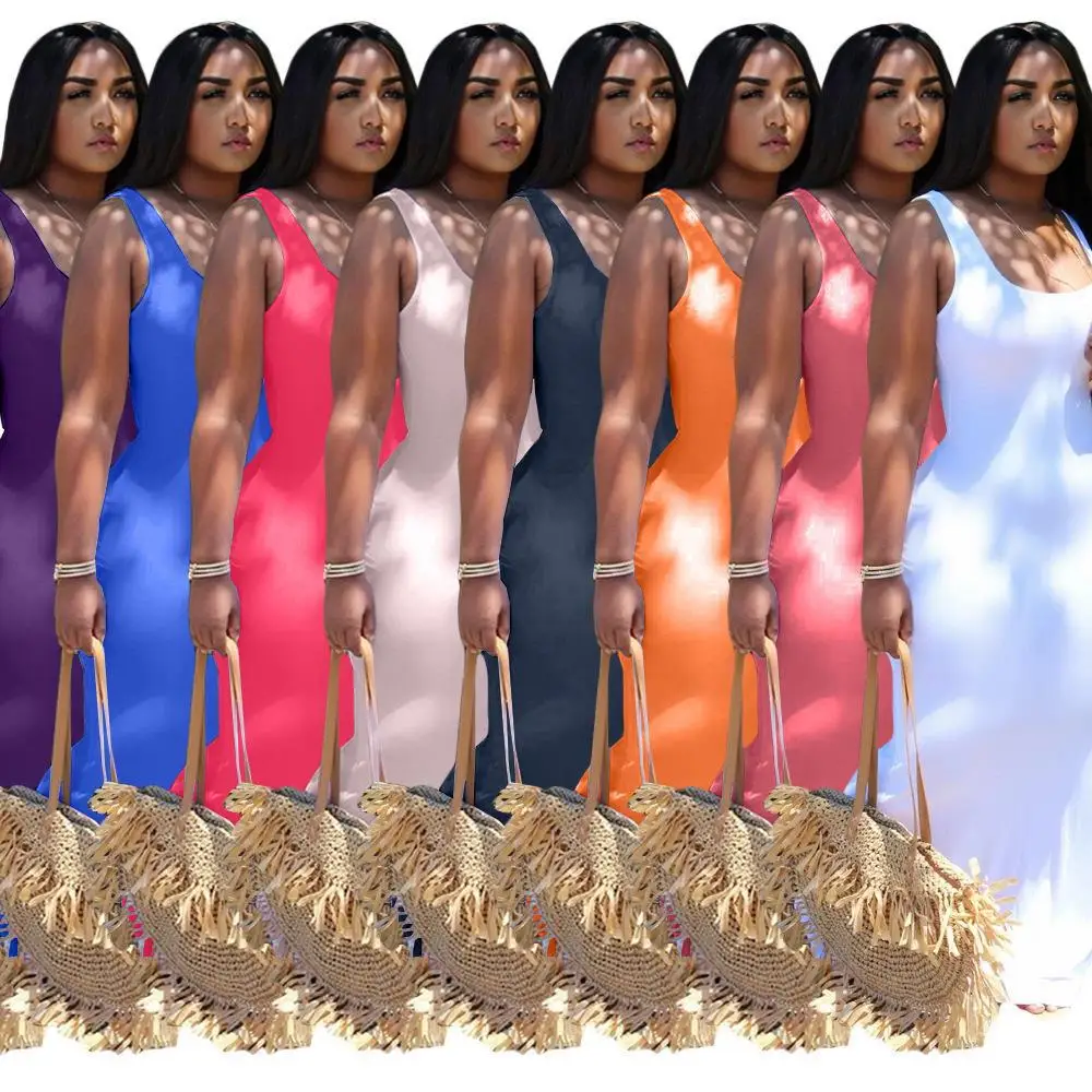 

Custom Logo Solid Color Sleeveless Bodycon Sexy Casual Women Summer Maxi Sundress, As picture