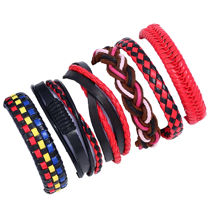 

Women men pattern diy red multilayer twist 6pcs suit colorful Bohemia learher red bracelet, As pic