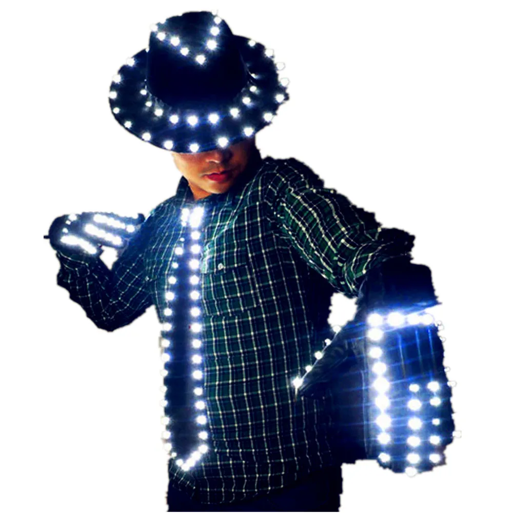 

Fantastic EL Wire Mike Jackson Dancer Costume Stage Lights Neon Glowing Led Strip Attractive Festival Gala Show Suit, White