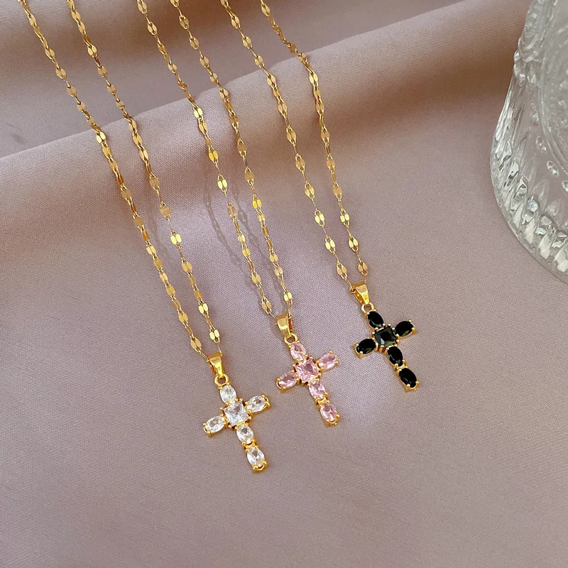 Delicate 18k Gold Plated Stainless Steel CZ Crystal Cross Necklace Titanium Steel Diamond Zircon Cross Pendant Necklace