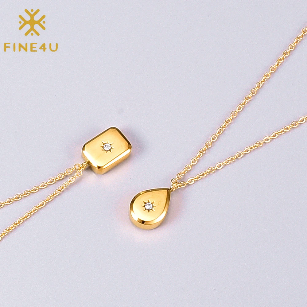 

Gold Plated Stainless Steel Zircon Square Pendant Water Drop Teardrop Accessories Necklaces Women Jewelry