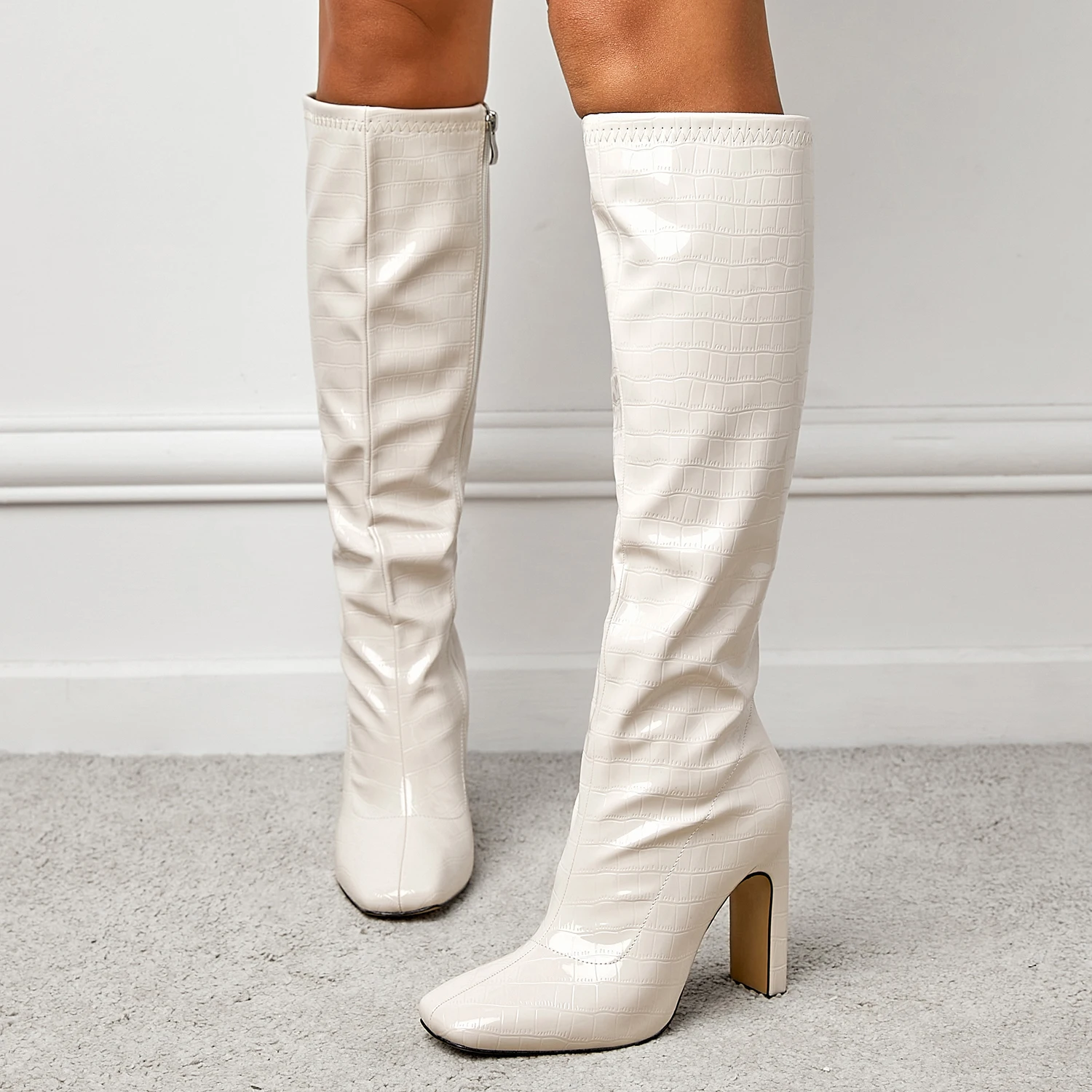 

women Winter Zipper Boots Ladies Knee-length High Boots Pointed Stiletto Heels Non-slip Party Club Winter Ladies white Shoes