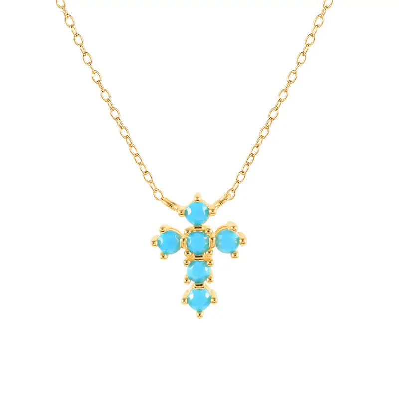 INS Fashion 925 silver geometric cross shape turquoise colored zircon pendant gold plated necklaces for women